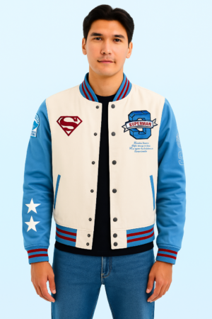 DC Comics Superman Varsity Jacket Classic White and Blue Letterman Style