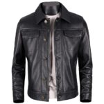 Men's Vintage Black Genuine Sheepskin Leather Jacket – Slim Fit Button-Down Biker Coat