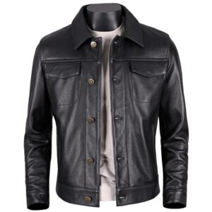 Men's Vintage Black Genuine Sheepskin Leather Jacket – Slim Fit Button-Down Biker Coat