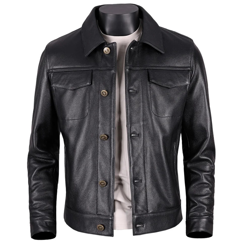 Men's Vintage Black Genuine Sheepskin Leather Jacket – Slim Fit Button-Down Biker Coat