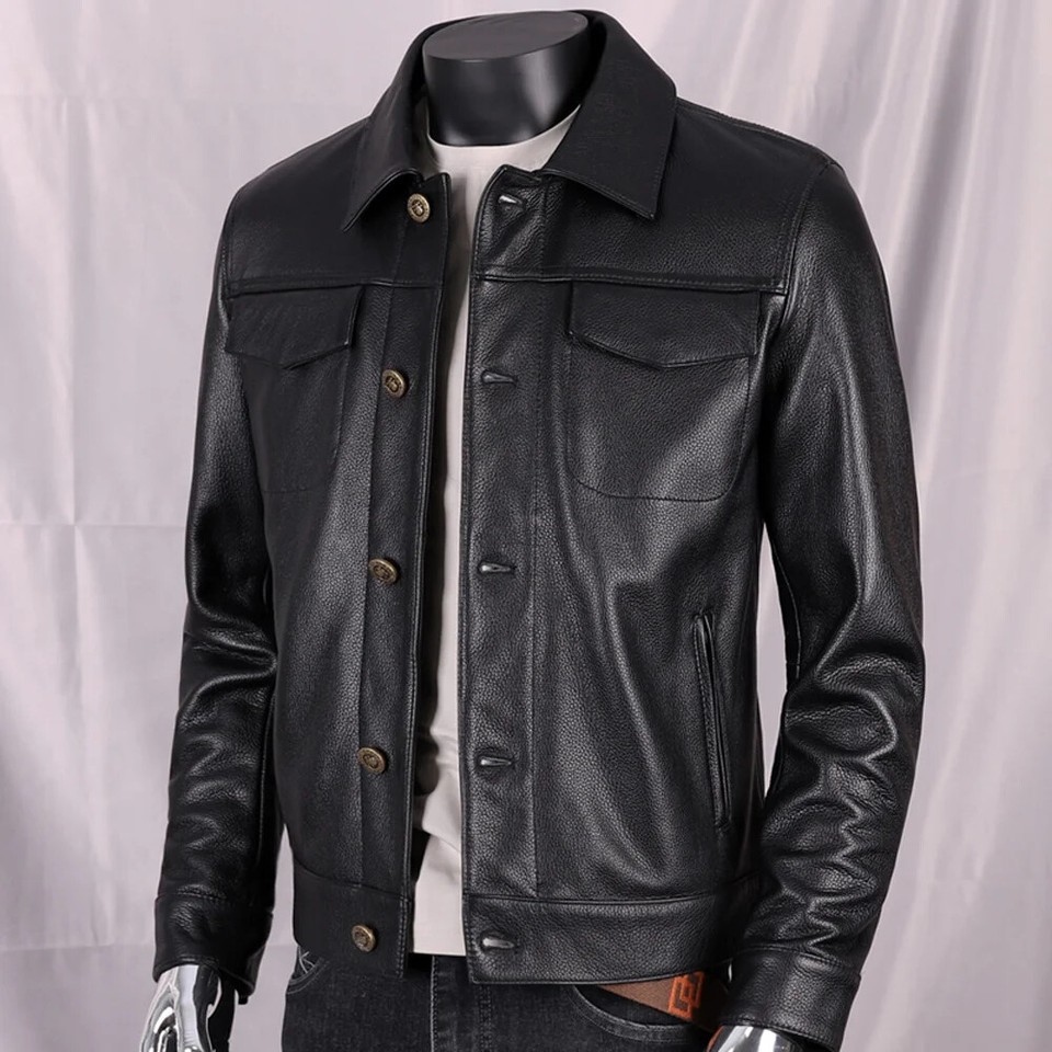 Men's Vintage Black Genuine Sheepskin Leather Jacket – Slim Fit Button-Down Biker Coat - Image 3