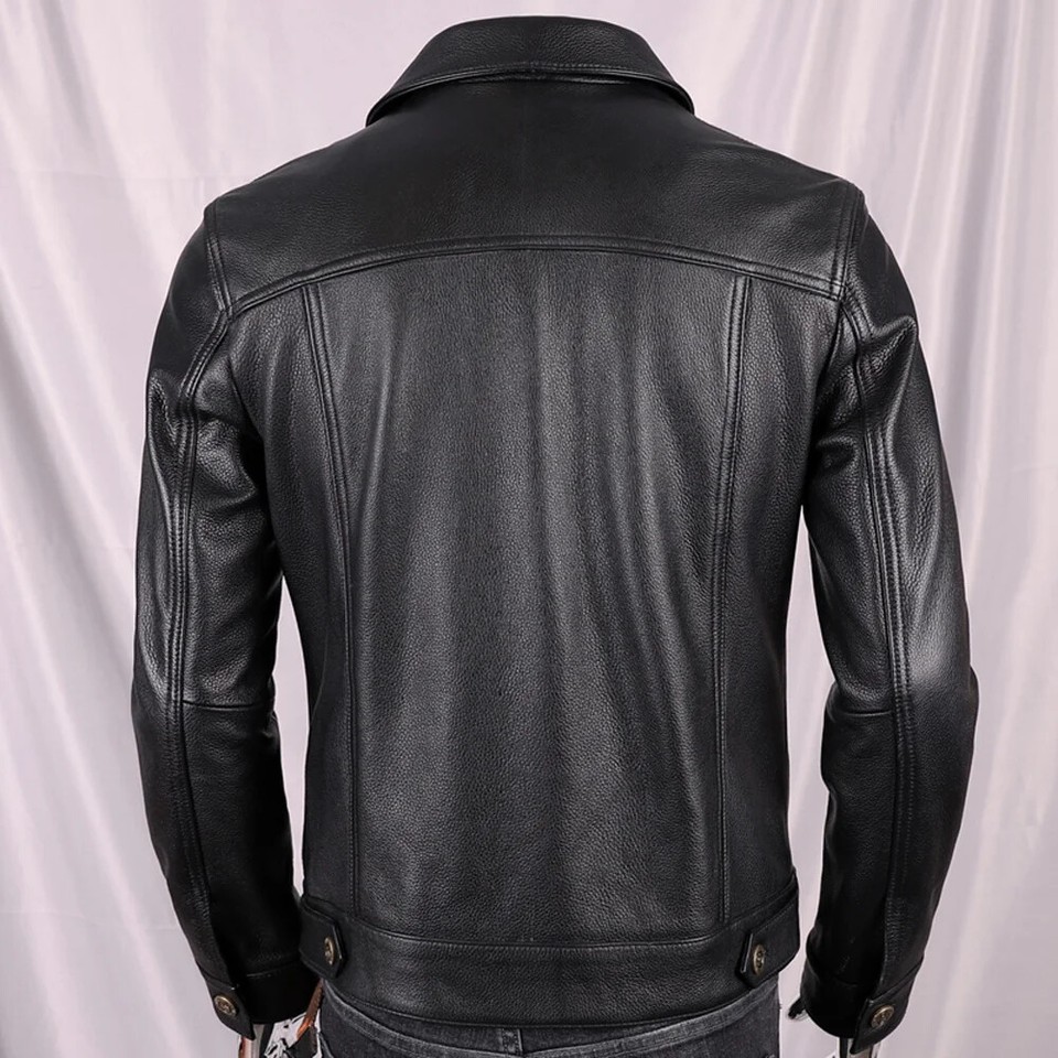 Men's Vintage Black Genuine Sheepskin Leather Jacket – Slim Fit Button-Down Biker Coat - Image 4