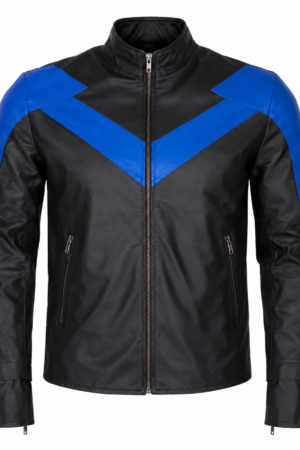 nightwing-blue-stripe-black-leather-jacket-front