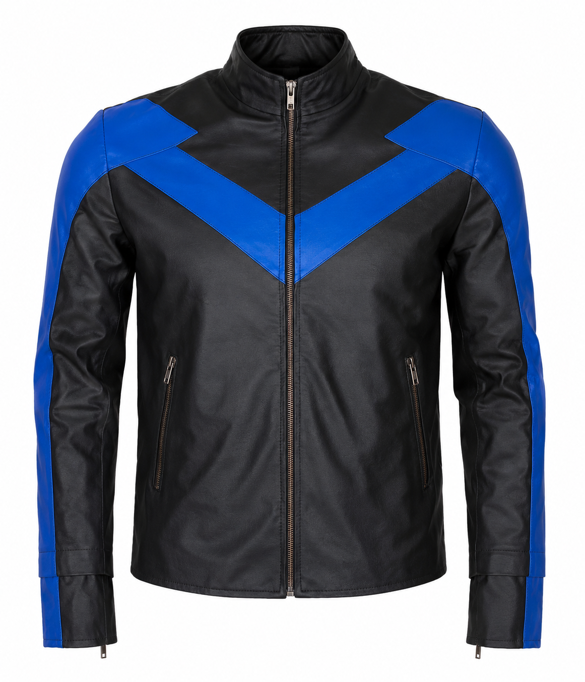 nightwing-blue-stripe-black-leather-jacket-front
