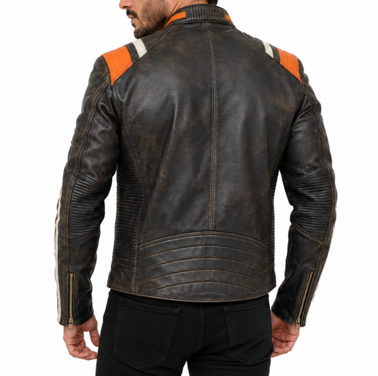 Men's Cafe Racer Distressed Black Sheepskin Leather Jacket – Racing Striped Moto Biker Coat - Image 4