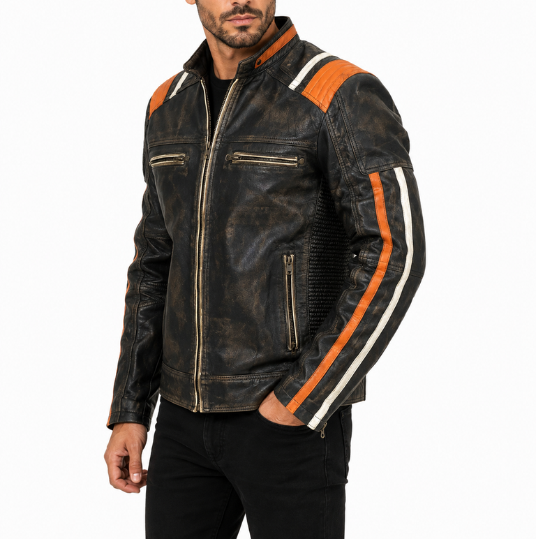 Men's Cafe Racer Distressed Black Sheepskin Leather Jacket – Racing Striped Moto Biker Coat - Image 3