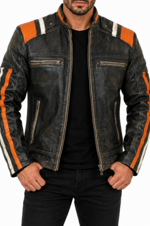 Men's Cafe Racer Distressed Black Sheepskin Leather Jacket – Racing Striped Moto Biker Coat