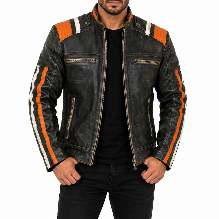 Men's Cafe Racer Distressed Black Sheepskin Leather Jacket – Racing Striped Moto Biker Coat