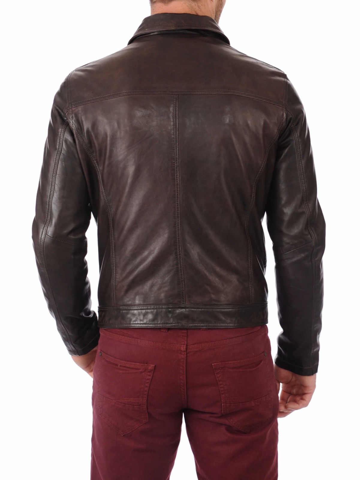 Men's Vintage Brown Genuine Sheepskin Leather Jacket – Classic Stand Collar Moto Biker Coat - Image 3