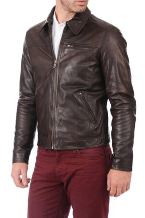Men's Vintage Brown Genuine Sheepskin Leather Jacket – Classic Stand Collar Moto Biker Coat