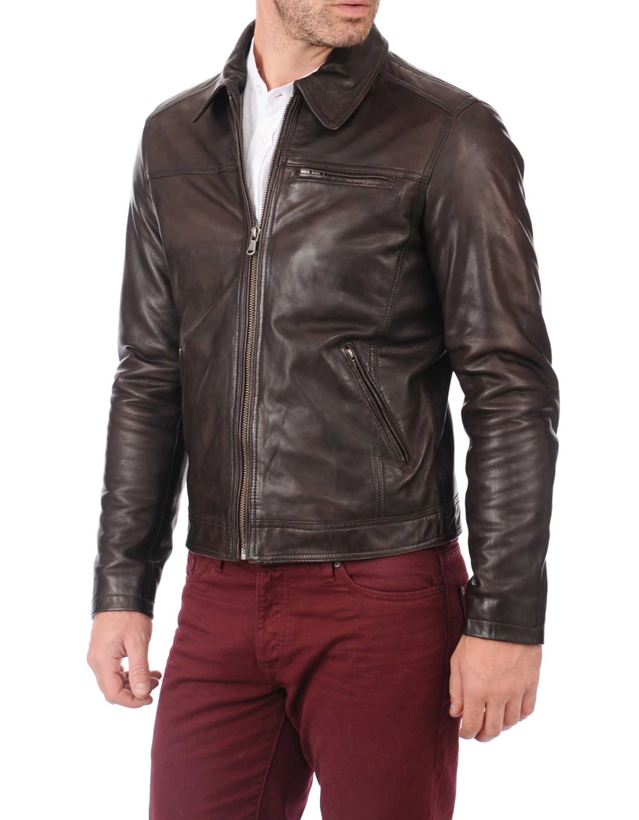 Men's Vintage Brown Genuine Sheepskin Leather Jacket – Classic Stand Collar Moto Biker Coat
