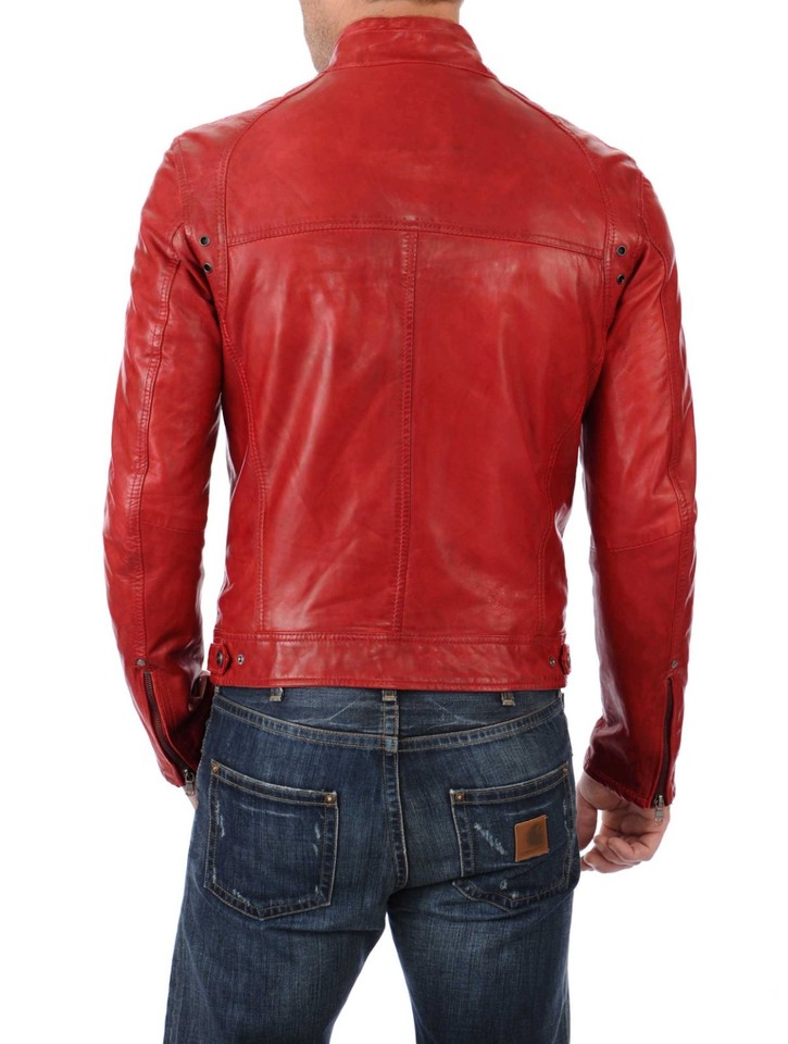 Men's Vintage Red Genuine Sheepskin Leather Jacket – Cafe Racer Moto Biker Coat - Image 2