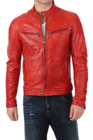 Men's Vintage Red Genuine Sheepskin Leather Jacket – Cafe Racer Moto Biker Coat