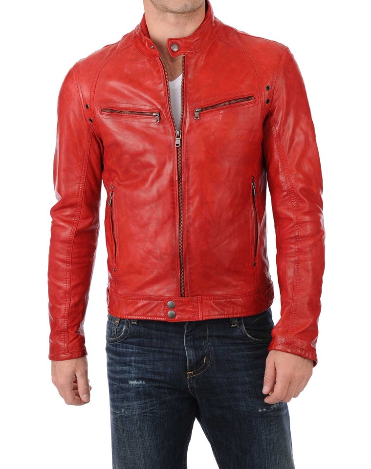 Men's Vintage Red Genuine Sheepskin Leather Jacket – Cafe Racer Moto Biker Coat