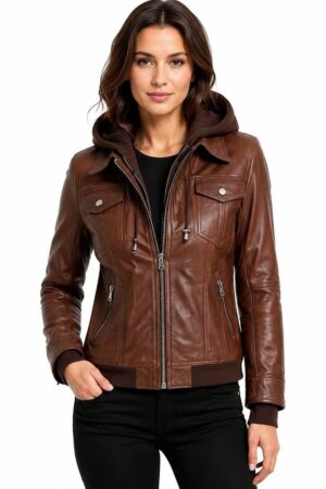 Women's Brown Genuine Sheepskin Leather Hooded Jacket – Slim Fit Moto Biker Zip Coat