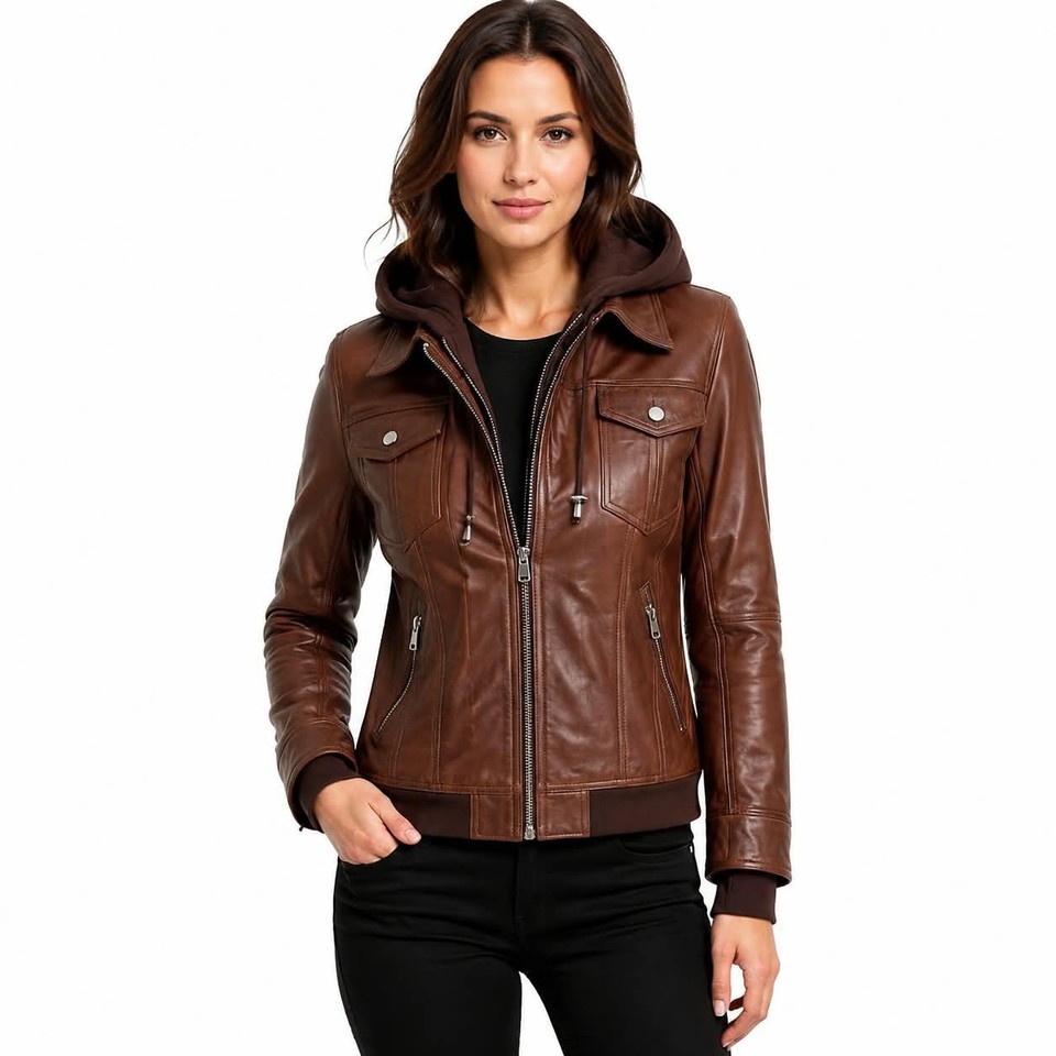 Women's Brown Genuine Sheepskin Leather Hooded Jacket – Slim Fit Moto Biker Zip Coat