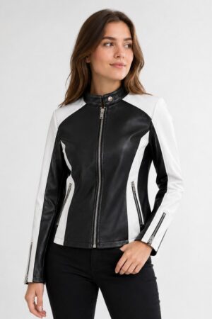 Women's Black & White Genuine Sheepskin Leather Biker Jacket – Slim Fit Moto Racing Coat