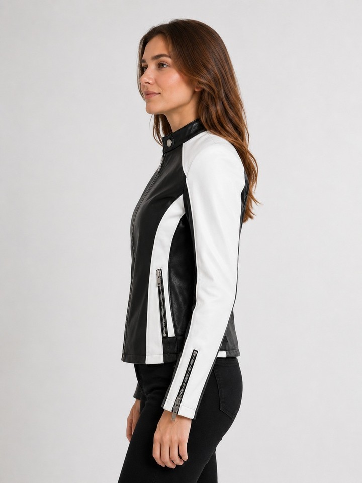 Women's Black & White Genuine Sheepskin Leather Biker Jacket – Slim Fit Moto Racing Coat - Image 3