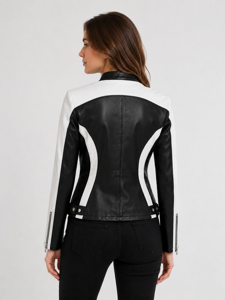 Women's Black & White Genuine Sheepskin Leather Biker Jacket – Slim Fit Moto Racing Coat - Image 4