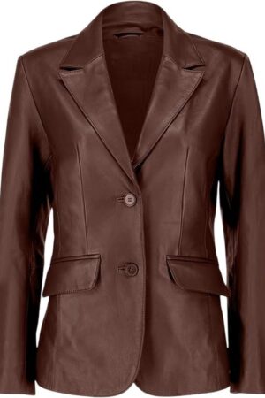 Women's Brown Genuine Sheepskin Leather Blazer Jacket – Slim Fit 2-Button Notch Lapel Coat