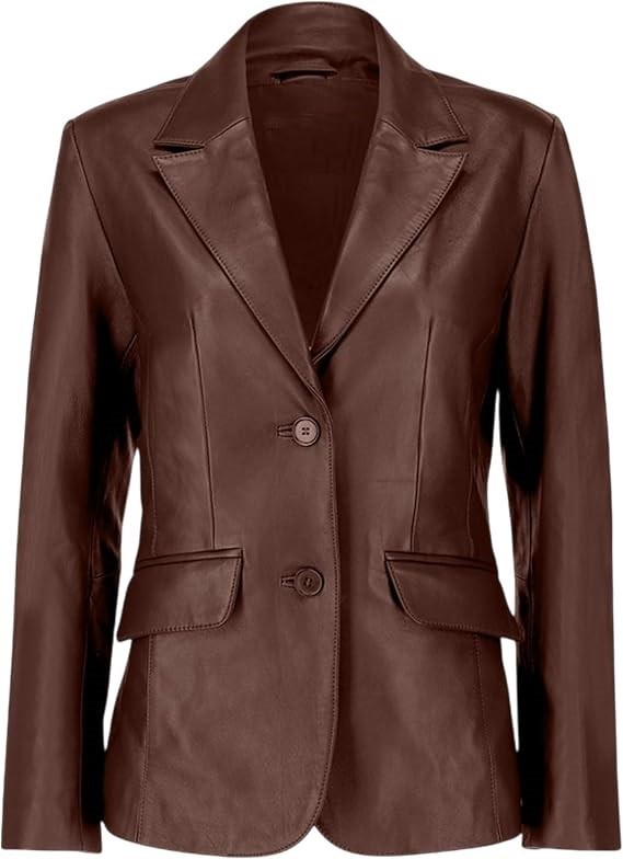 Women's Brown Genuine Sheepskin Leather Blazer Jacket – Slim Fit 2-Button Notch Lapel Coat